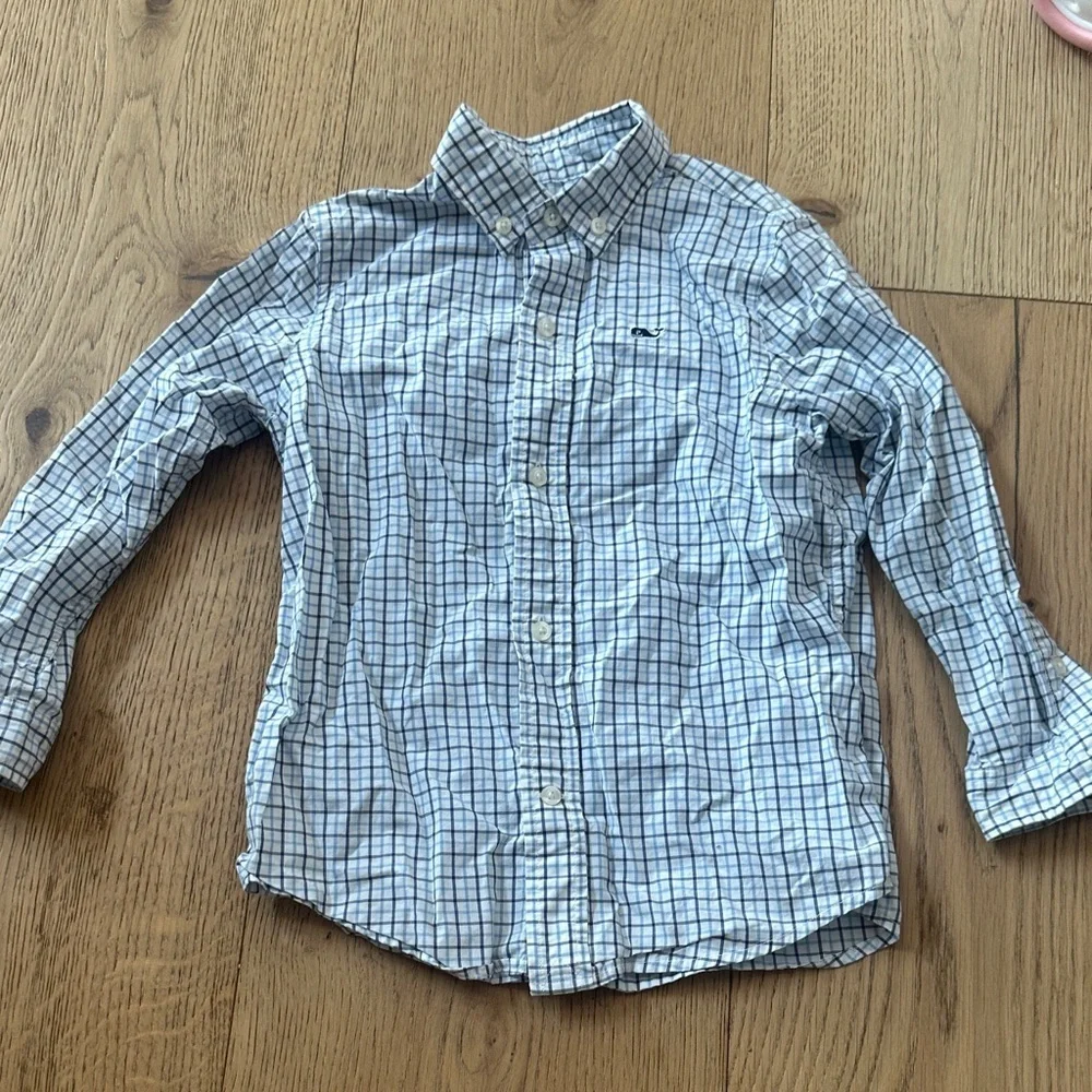 Vineyard vines Blue and White Checkered Button-Up whale Shirt 3T